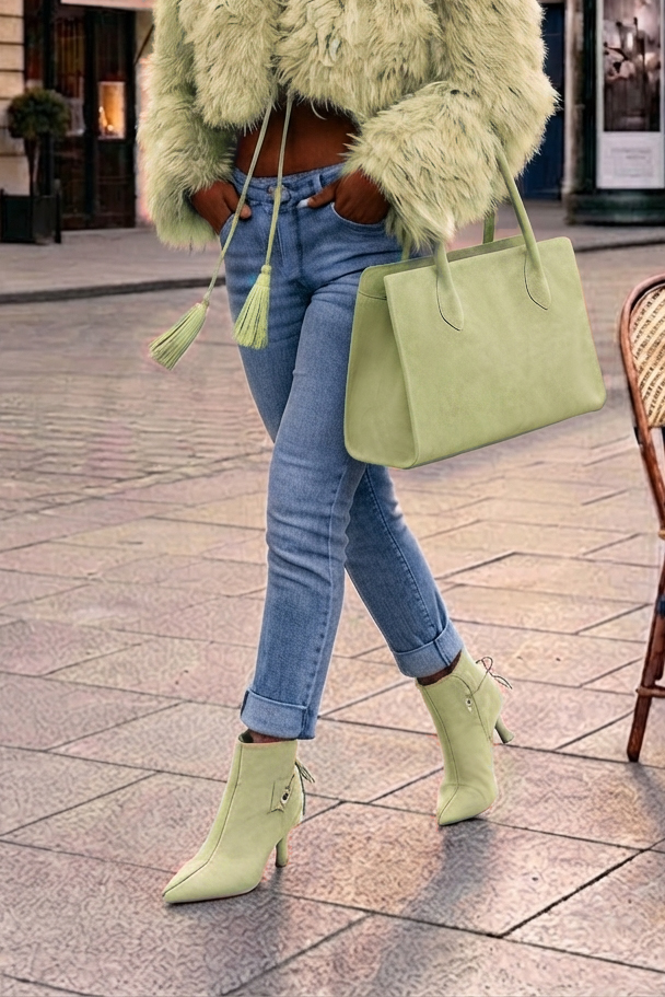 Women's sage green back lace-up ankle boots with pointed toe and high slim heel - Worn view